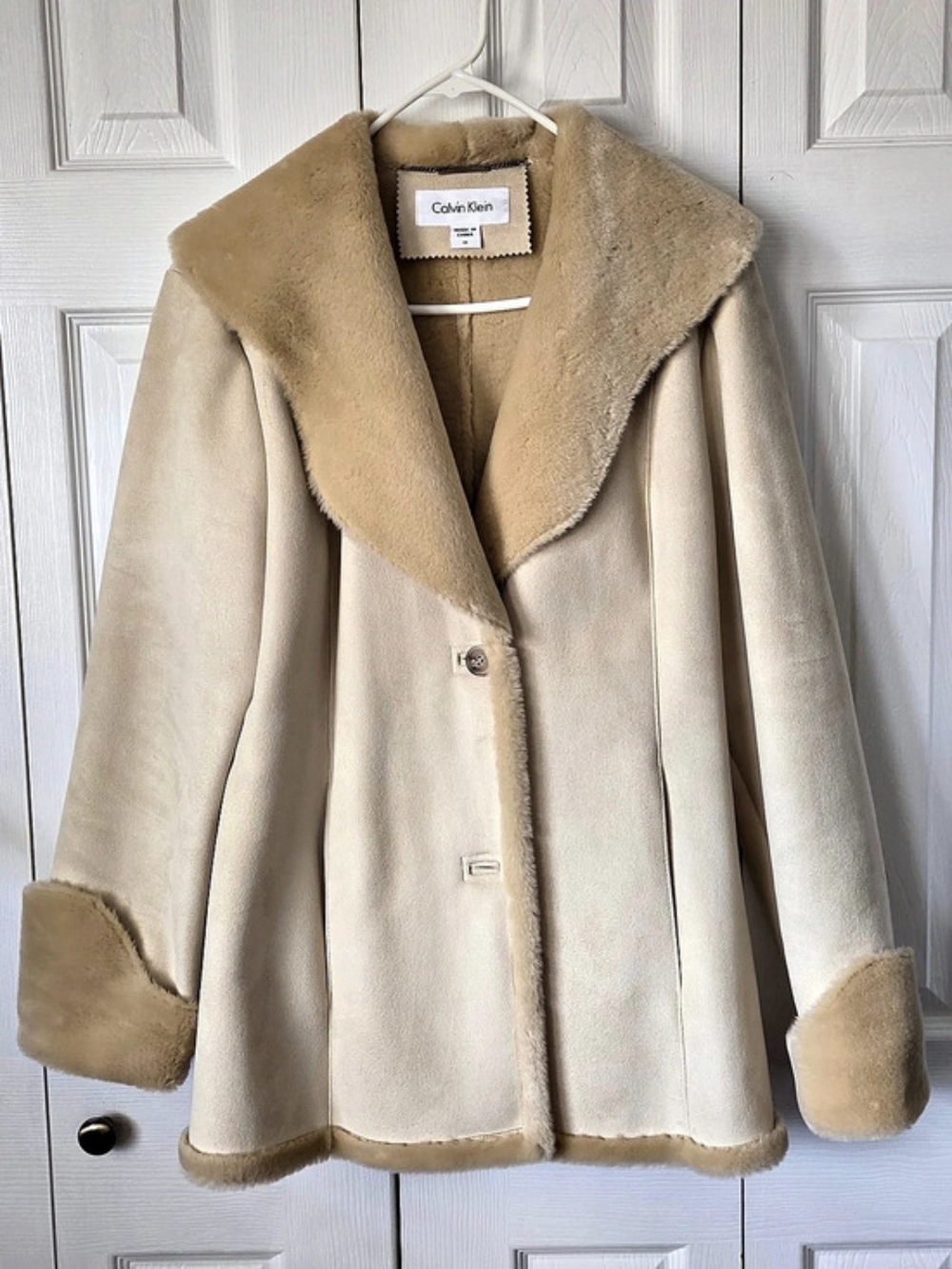 Calvin Klein Women's Faux Shearling Coat Beige Medium Like New